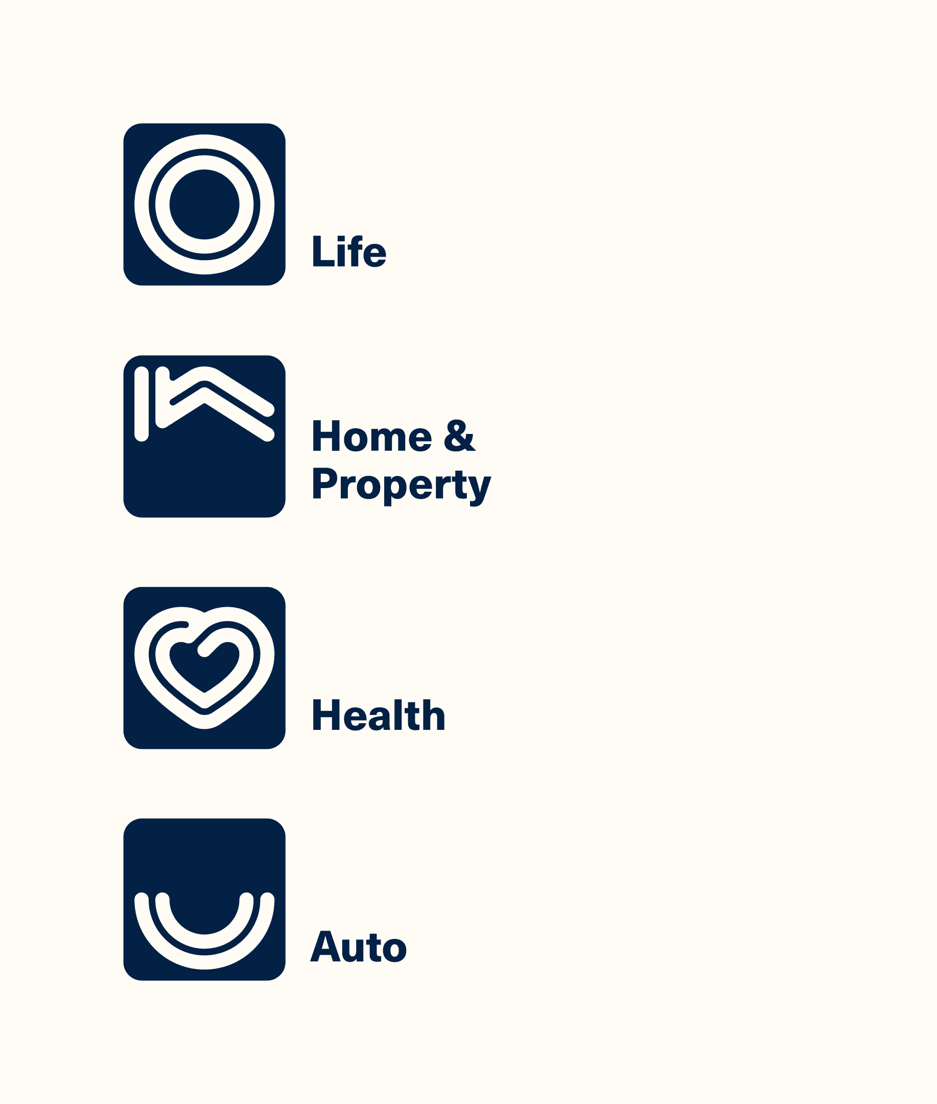 Product icons for Life, Home, Health and Transportation insurance